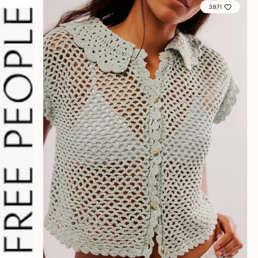 NWOT Free People Lily Crochet Knot Top in pale Aqua m